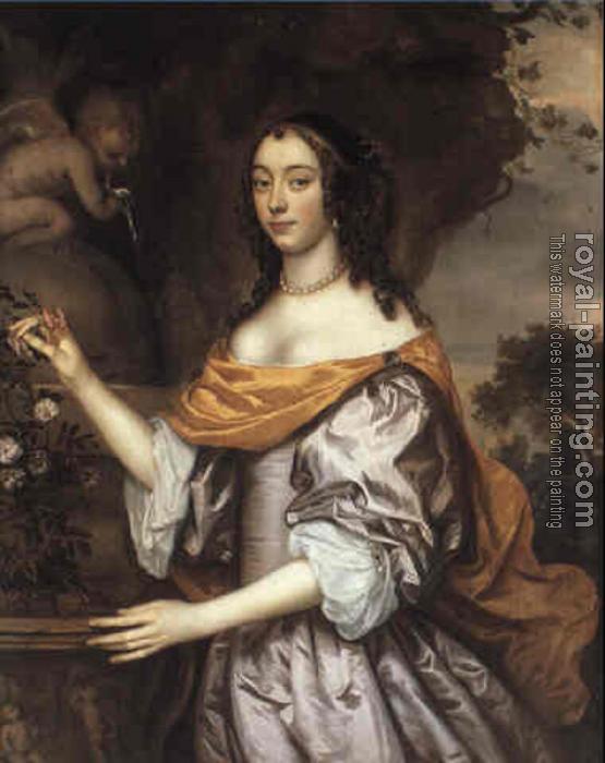 Jan Mytens : Portrait of a Lady standing three quarter length wearing a lavender silk dress
